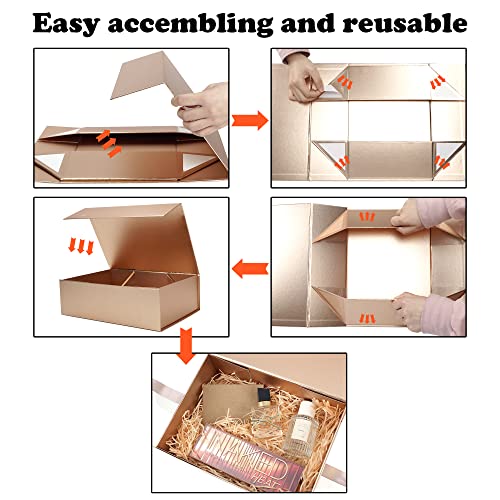 HUIHUANG Rose Gold Luxury Gift Boxes with Lids Bridesmaid Proposal Box Collapsible 11 x 7.8 x 3.5 In Magnetic Closure Collapsible Gift Boxes for Presents with Card,Ribbon,Shredded Paper Filler-1 Pack