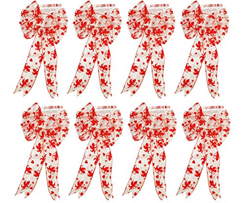 8 Valentines White Wired Satin Bows with Red Cupid Design!