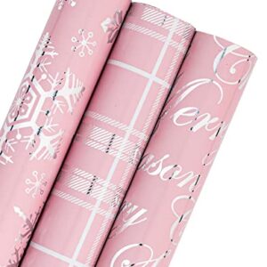 WRAPAHOLIC Christmas Wrapping Paper Roll - Mini Roll - 3 Rolls - 17 Inch X 120 Inch Per Roll - Pink with Silver Metallic Foil Snowflake, Plaid, Merry Christmas Lettering