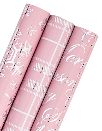 WRAPAHOLIC Christmas Wrapping Paper Roll - Mini Roll - 3 Rolls - 17 Inch X 120 Inch Per Roll - Pink with Silver Metallic Foil Snowflake, Plaid, Merry Christmas Lettering