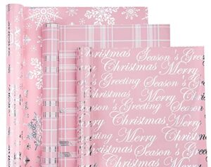 wrapaholic christmas wrapping paper roll – mini roll – 3 rolls – 17 inch x 120 inch per roll – pink with silver metallic foil snowflake, plaid, merry christmas lettering