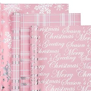 WRAPAHOLIC Christmas Wrapping Paper Roll - Mini Roll - 3 Rolls - 17 Inch X 120 Inch Per Roll - Pink with Silver Metallic Foil Snowflake, Plaid, Merry Christmas Lettering