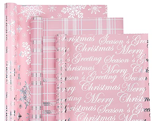 WRAPAHOLIC Christmas Wrapping Paper Roll - Mini Roll - 3 Rolls - 17 Inch X 120 Inch Per Roll - Pink with Silver Metallic Foil Snowflake, Plaid, Merry Christmas Lettering