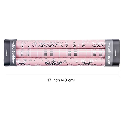 WRAPAHOLIC Christmas Wrapping Paper Roll - Mini Roll - 3 Rolls - 17 Inch X 120 Inch Per Roll - Pink with Silver Metallic Foil Snowflake, Plaid, Merry Christmas Lettering