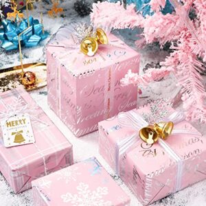 WRAPAHOLIC Christmas Wrapping Paper Roll - Mini Roll - 3 Rolls - 17 Inch X 120 Inch Per Roll - Pink with Silver Metallic Foil Snowflake, Plaid, Merry Christmas Lettering