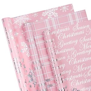 WRAPAHOLIC Christmas Wrapping Paper Roll - Mini Roll - 3 Rolls - 17 Inch X 120 Inch Per Roll - Pink with Silver Metallic Foil Snowflake, Plaid, Merry Christmas Lettering