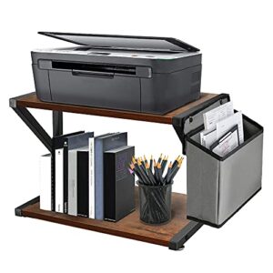 y&me ym desktop printer stand with storage bag, 2 tier desktop organizer shelf, rustic wood printer table with adjustable anti-skid pads, under desk printer shelf for fax machine, scanner, files