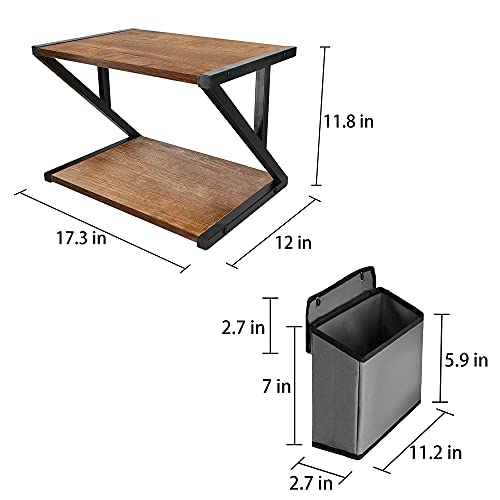 Y&ME YM Desktop Printer Stand with Storage Bag, 2 Tier Desktop Organizer Shelf, Rustic Wood Printer Table with Adjustable Anti-Skid Pads, Under Desk Printer Shelf for Fax Machine, Scanner, Files