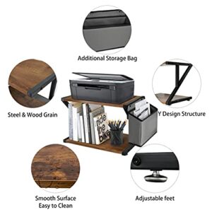 Y&ME YM Desktop Printer Stand with Storage Bag, 2 Tier Desktop Organizer Shelf, Rustic Wood Printer Table with Adjustable Anti-Skid Pads, Under Desk Printer Shelf for Fax Machine, Scanner, Files