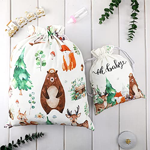 2 Pcs Woodland Animal Baby Shower Drawstring Bags Large Gift Bags 20/12 Inch Fabric Canvas Party Favor Bags Reusable Gift Wrap Bags for Woodland Baby Shower Gender Reveal Birthday Party