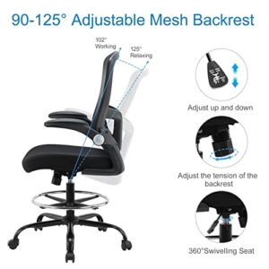 Mesh Ergonomic Drafting Chair,Tall Adjustable Office Chair,Standing Desk Chair,Counter Height Office Chairs,Drawing Chair with Adjustable Foot Ring and PU Arms (Black)