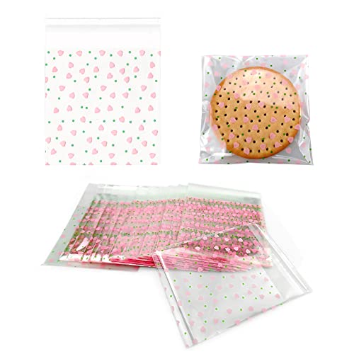 FAZHBARY 100 PCS Valentine Cellophane Bags Pink Heart Clear Cellophane Bags Small Gift Bags Self Sealing Cellophane Goodie Bags for Bakery Supplies