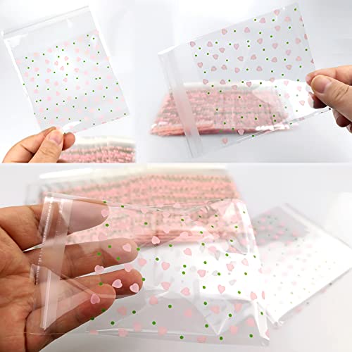 FAZHBARY 100 PCS Valentine Cellophane Bags Pink Heart Clear Cellophane Bags Small Gift Bags Self Sealing Cellophane Goodie Bags for Bakery Supplies