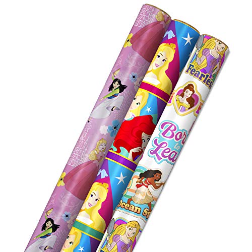 Hallmark Disney Princess Wrapping Paper with Cut Lines (Pack of 3, 60 sq. ft. ttl.) with Cinderella, Ariel, Mulan, Jasmine, Snow White and Belle for Birthdays, Christmas or Any Occasion