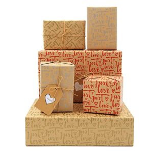geluode valentines day wrapping paper, kraft valentines wrapping paper 20×28 per sheet(9 sheets:34 sq.ft.ttl.) w/jute strings, stickers and tags, gift wrap for valentines day, lover birthday, wedding
