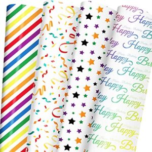 waplighal birthday wrapping paper for kids boys girls adults baby shower – gift wrapping paper with rainbow stripe, colorful stars, streamers, “happy birthday” letters -20 x 29 inch per sheet (8 folded sheets), easy to store