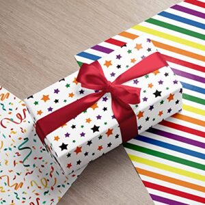 WAPLIGHAL Birthday Wrapping Paper for Kids Boys Girls Adults Baby Shower - Gift Wrapping Paper with Rainbow Stripe, Colorful Stars, Streamers, "Happy Birthday" Letters -20 X 29 Inch Per Sheet (8 Folded Sheets), Easy to Store