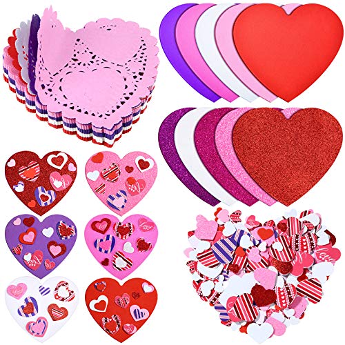 Zonon Total 402 Pieces Valentines Heart Doilies and Self-Adhesive Heart Foam Stickers Valentines Foam Heart Craft Set for Valentine's Day Wedding DIY Craft Supplies Ornaments