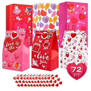 72pcs valentines gift bags paper treat goodie bags with hearts tags for kids valentine’s day kraft wrapping bags classroom gift giving exchange party favors class prize bags 6 designs