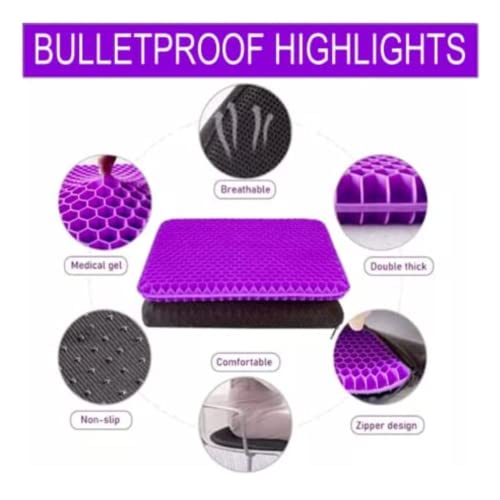 Bulletproof Gel Seat Cushion | Ultra Soft Large Cushion with Purple Cooling Gel Pad & Padded Cover | Orthopedic Cushion for Pressure Relief and Sitting Sores | Seat Cushion for Seniors, Car & Office