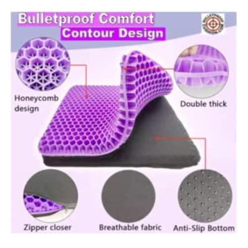 Bulletproof Gel Seat Cushion | Ultra Soft Large Cushion with Purple Cooling Gel Pad & Padded Cover | Orthopedic Cushion for Pressure Relief and Sitting Sores | Seat Cushion for Seniors, Car & Office