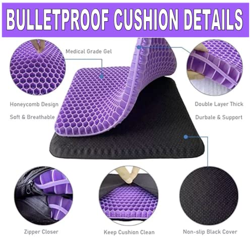 Bulletproof Gel Seat Cushion | Ultra Soft Large Cushion with Purple Cooling Gel Pad & Padded Cover | Orthopedic Cushion for Pressure Relief and Sitting Sores | Seat Cushion for Seniors, Car & Office