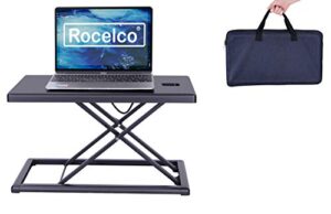rocelco 19″ portable laptop riser, height adjustable travel standing desk converter, premium compact sit standup keyboard monitor rising workstation with carry bag, black r pdrb