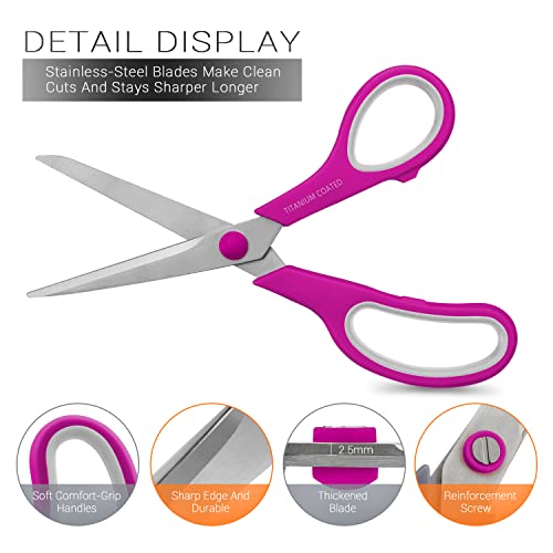 Scissors 8" Multipurpose Scissors Titanium Coated Sturdy Sharp Scissors Right/Left Handed Comfort-Grip Handles for Office Home School Sewing Fabric Craft Supplies Rose/Gray