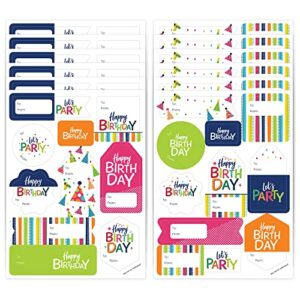 big dot of happiness cheerful happy birthday – assorted colorful birthday party gift tag labels – to and from stickers – 12 sheets – 120 stickers