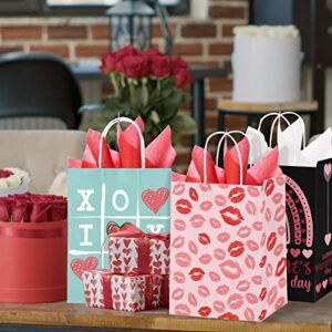 24 Pcs Valentines Day Gift Bags with Handle, Valentines Kraft Paper Bags with Tissue Paper, Treat Goodies Bag for Valentine's Day Party Favors Funny Gift Exchange Novelty Gift Giving Gift Wrapping