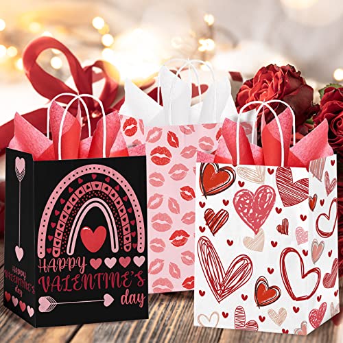 24 Pcs Valentines Day Gift Bags with Handle, Valentines Kraft Paper Bags with Tissue Paper, Treat Goodies Bag for Valentine's Day Party Favors Funny Gift Exchange Novelty Gift Giving Gift Wrapping