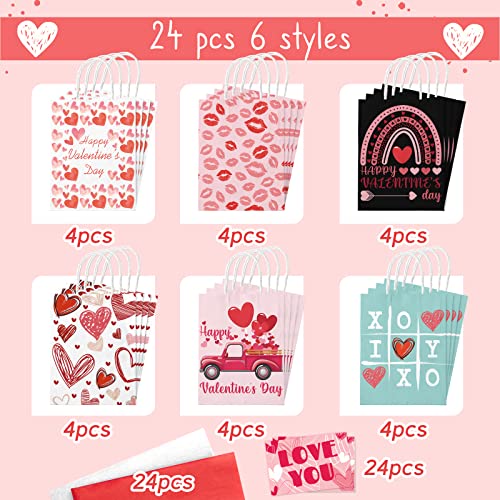 24 Pcs Valentines Day Gift Bags with Handle, Valentines Kraft Paper Bags with Tissue Paper, Treat Goodies Bag for Valentine's Day Party Favors Funny Gift Exchange Novelty Gift Giving Gift Wrapping