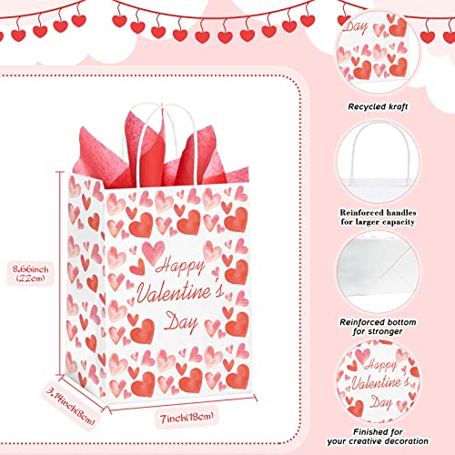 24 Pcs Valentines Day Gift Bags with Handle, Valentines Kraft Paper Bags with Tissue Paper, Treat Goodies Bag for Valentine's Day Party Favors Funny Gift Exchange Novelty Gift Giving Gift Wrapping