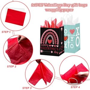 24 Pcs Valentines Day Gift Bags with Handle, Valentines Kraft Paper Bags with Tissue Paper, Treat Goodies Bag for Valentine's Day Party Favors Funny Gift Exchange Novelty Gift Giving Gift Wrapping