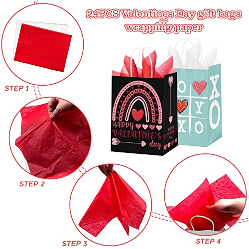 24 Pcs Valentines Day Gift Bags with Handle, Valentines Kraft Paper Bags with Tissue Paper, Treat Goodies Bag for Valentine's Day Party Favors Funny Gift Exchange Novelty Gift Giving Gift Wrapping