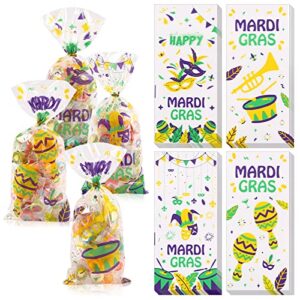 200 pcs mardi gras cellophane cookie candy bags with 220 twist ties bulk gift platic carnival theme design goody treat bags for theme school party favor