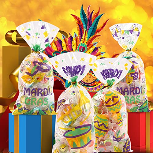 200 Pcs Mardi Gras Cellophane Cookie Candy Bags with 220 Twist Ties Bulk Gift Platic carnival theme Design Goody Treat Bags for Theme School Party Favor