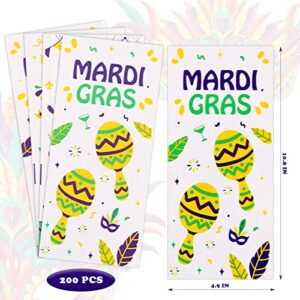 200 Pcs Mardi Gras Cellophane Cookie Candy Bags with 220 Twist Ties Bulk Gift Platic carnival theme Design Goody Treat Bags for Theme School Party Favor