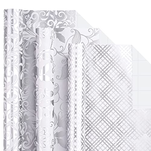 LeZakaa Silver Wrapping Paper Roll - Mini Roll - Floral/Bellflower/Plaid for Wedding, Bridal Shower, Birthday - 17 x 120 inches - 3 Rolls (42.5 sq.ft.ttl.)