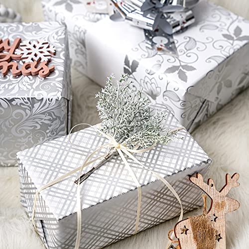 LeZakaa Silver Wrapping Paper Roll - Mini Roll - Floral/Bellflower/Plaid for Wedding, Bridal Shower, Birthday - 17 x 120 inches - 3 Rolls (42.5 sq.ft.ttl.)