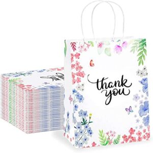 purple q crafts thank you gift bags 50 pack 8″ x 4″ x 10″ small paper bags with handles floral design thank you bags for business, boutique, gifts, wedding favors