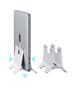 hagibis vertical laptop stand desktop for desk gravity locking holder dock save space improves airflow for macbook pro, mac mini, surface, hp, dell, chrome book (white abs)