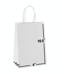 [50 bags] 8 x 4.5 x 10.5 kraft paper gift bags bulk with handles. ideal for shopping, packaging, retail, party, craft, gifts, wedding, recycled, business, goody and (white)