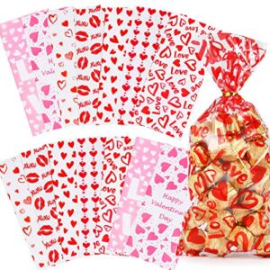 valentines day candy goody bags, valentine goodie bags for kids, 133 pcs – valentines cellophane treat bags, clear goodie bags with ties, cellophane cookie bags, valentines day gift bags, 7 designs