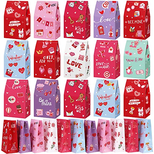 Aodaer 48 Pieces Valentine’s Day Paper Gift Bags with Stickers Valentine Candy Goody Snack Bags Gift Exchange Wrapping Party Favors for Valentine’s Day, Wedding, Engagement Party Supplies, 12 Styles