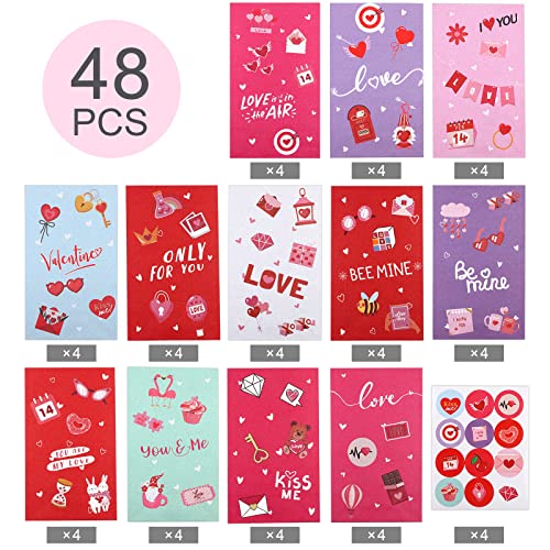 Aodaer 48 Pieces Valentine’s Day Paper Gift Bags with Stickers Valentine Candy Goody Snack Bags Gift Exchange Wrapping Party Favors for Valentine’s Day, Wedding, Engagement Party Supplies, 12 Styles