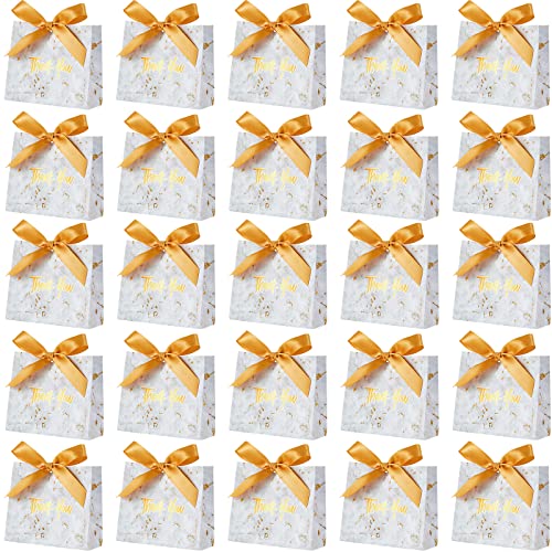 50 Pack Small Thank You Gift Bag Boxes Marble Pattern Mini Party Favor Gift Bags with Golden Bow Ribbon Treat Boxes Mini Paper Bags Bulk for Wedding Baby Shower Party Favors Bridesmaid Celebration