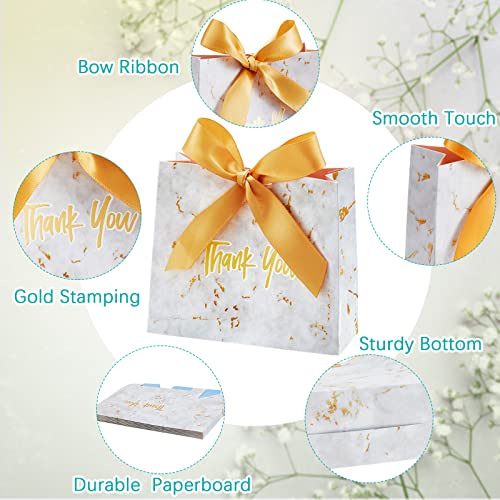 50 Pack Small Thank You Gift Bag Boxes Marble Pattern Mini Party Favor Gift Bags with Golden Bow Ribbon Treat Boxes Mini Paper Bags Bulk for Wedding Baby Shower Party Favors Bridesmaid Celebration