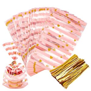 joersh 100 pack 8.1″ x 5″ bottom gusset clear cellophane treat bags with ties for cookies candy popcorn birthday party favor bags gift giving, pink stripes and hearts pattern