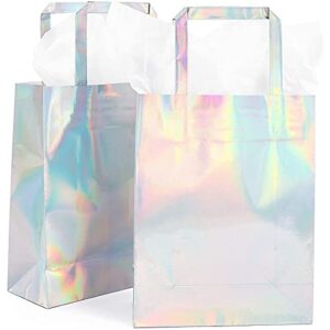 blue panda holographic foil paper gift bags with handles – 7 x 9 x 3 inches, 20 pack